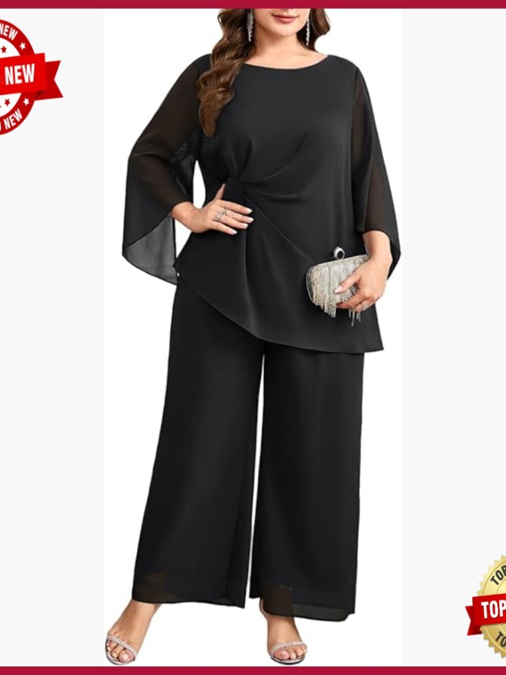 Plus Size Chiffon Pant Suit Set Asymmetric Top Wide Leg Pants Wedding Guest
